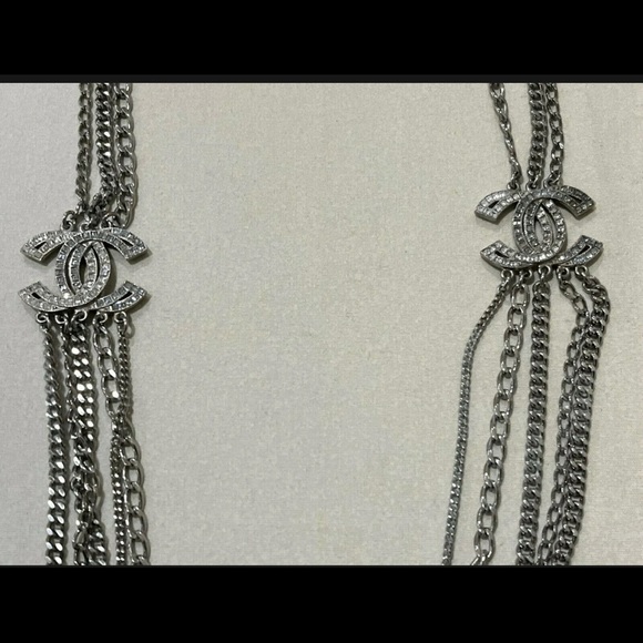 Authentic CHANEL Multi Strand Necklace CC Silver Metal/Strass - Picture 6 of 7